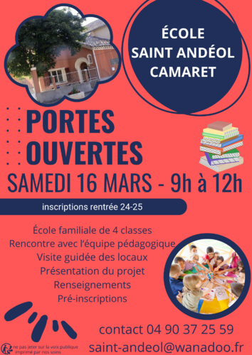 Journée portes ouvertes de l'école Saint Andéol le samedi 16 mars 2024 de 9h00 à 12h00