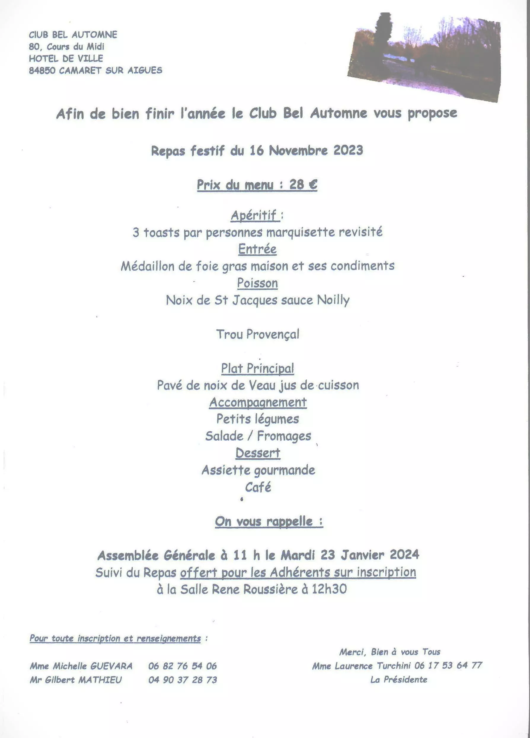 Repas festif de fin d'année du Club Bel Automne le jeudi 16 novembre à 12h00 à la salle René Roussière
