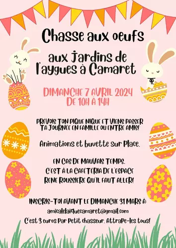 Chasse aux œufs de Pâques suivie d'un pique-nique le dimanche 7 avril de 10h00 à 14h00 aux jardins de l'Aygues