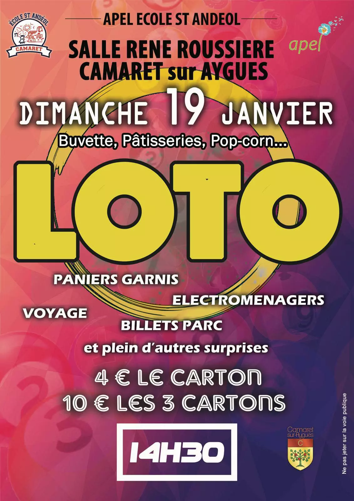 Loto de l'APEL Saint Andéol le dimanche 19 janvier 2025 à partir de 14h30 à la salle René Roussière