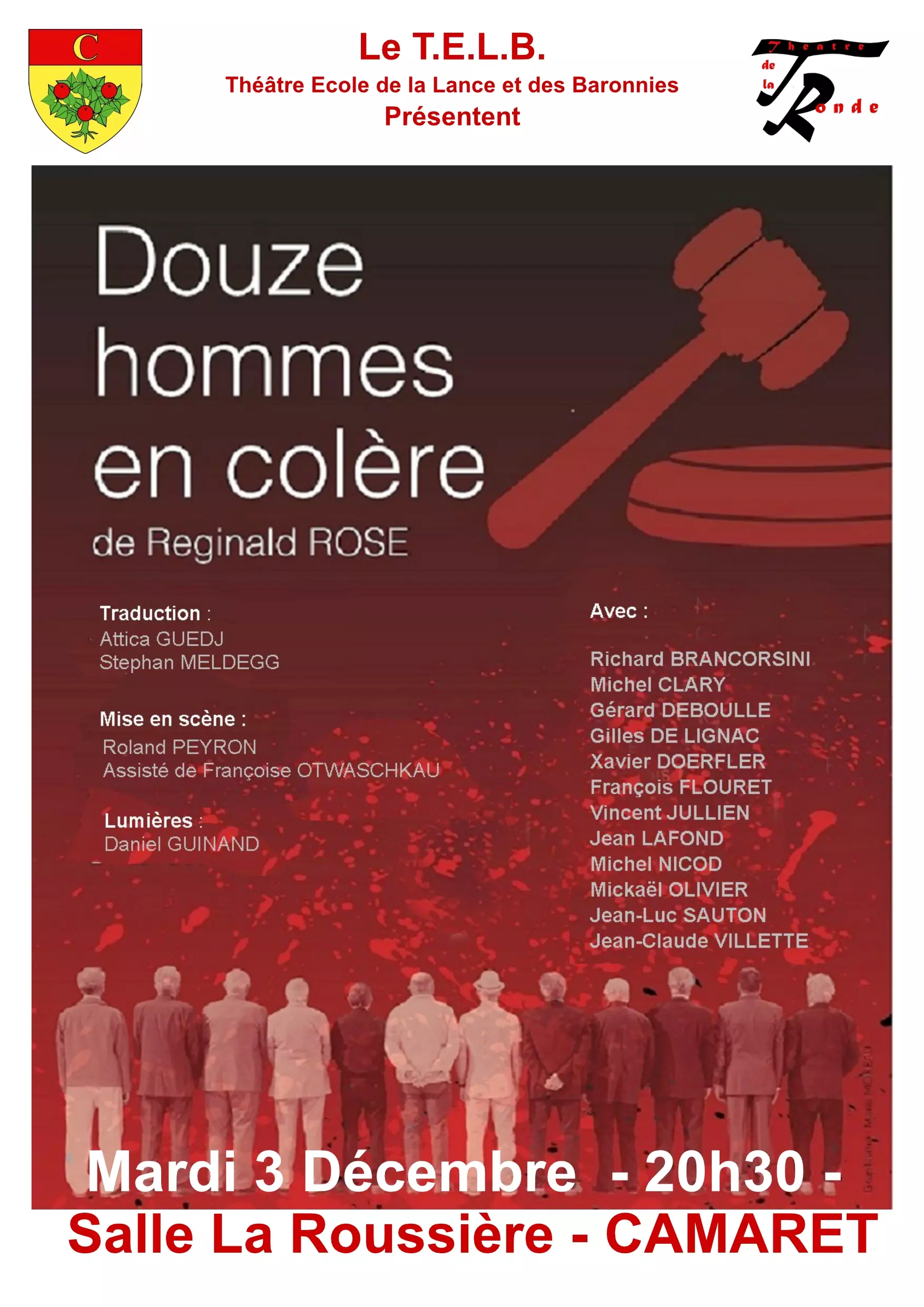 « Douze hommes en colère » : pièce de théâtre le mardi 3 décembre 2024 à 20h30 à la salle de cinéma René Roussière