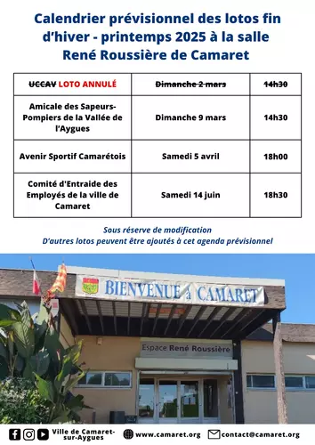 Calendrier prévisionnel des lotos fin d'hiver - printemps 2025 à la salle René Roussière de Camaret