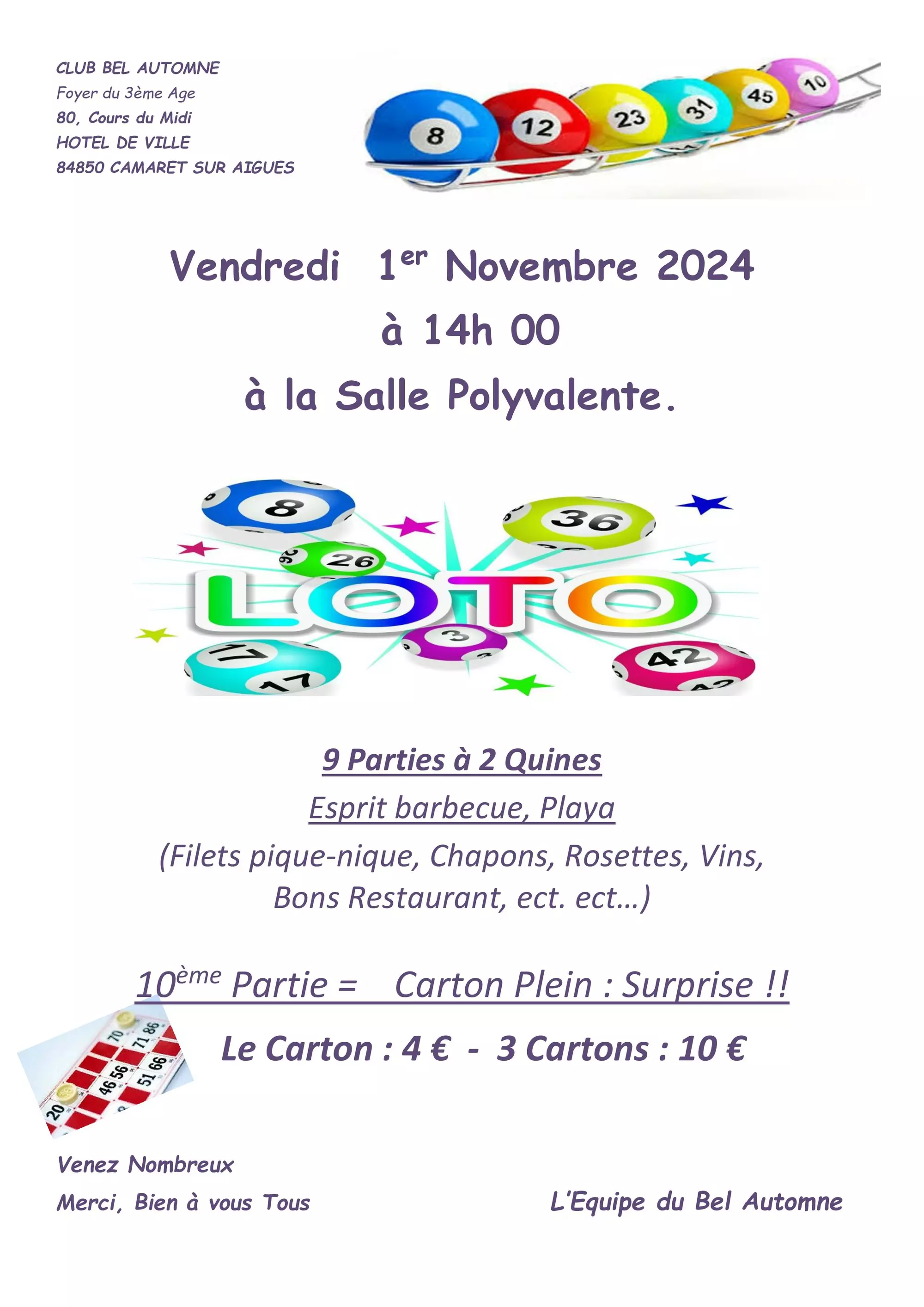 Loto du Club Bel Automne le vendredi 1er novembre à partir de 14h00 à la salle René Roussière