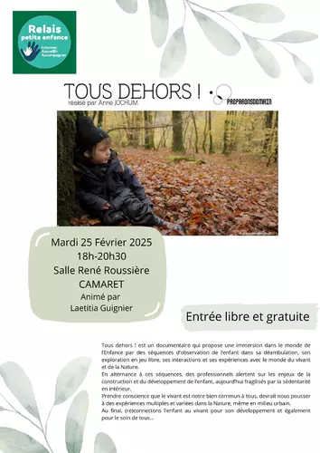 « Tous dehors ! » : ciné-débat sur le thème de la nature et l’enfant le mardi 25 février de 18h00 à 20h30 à la salle René Roussière