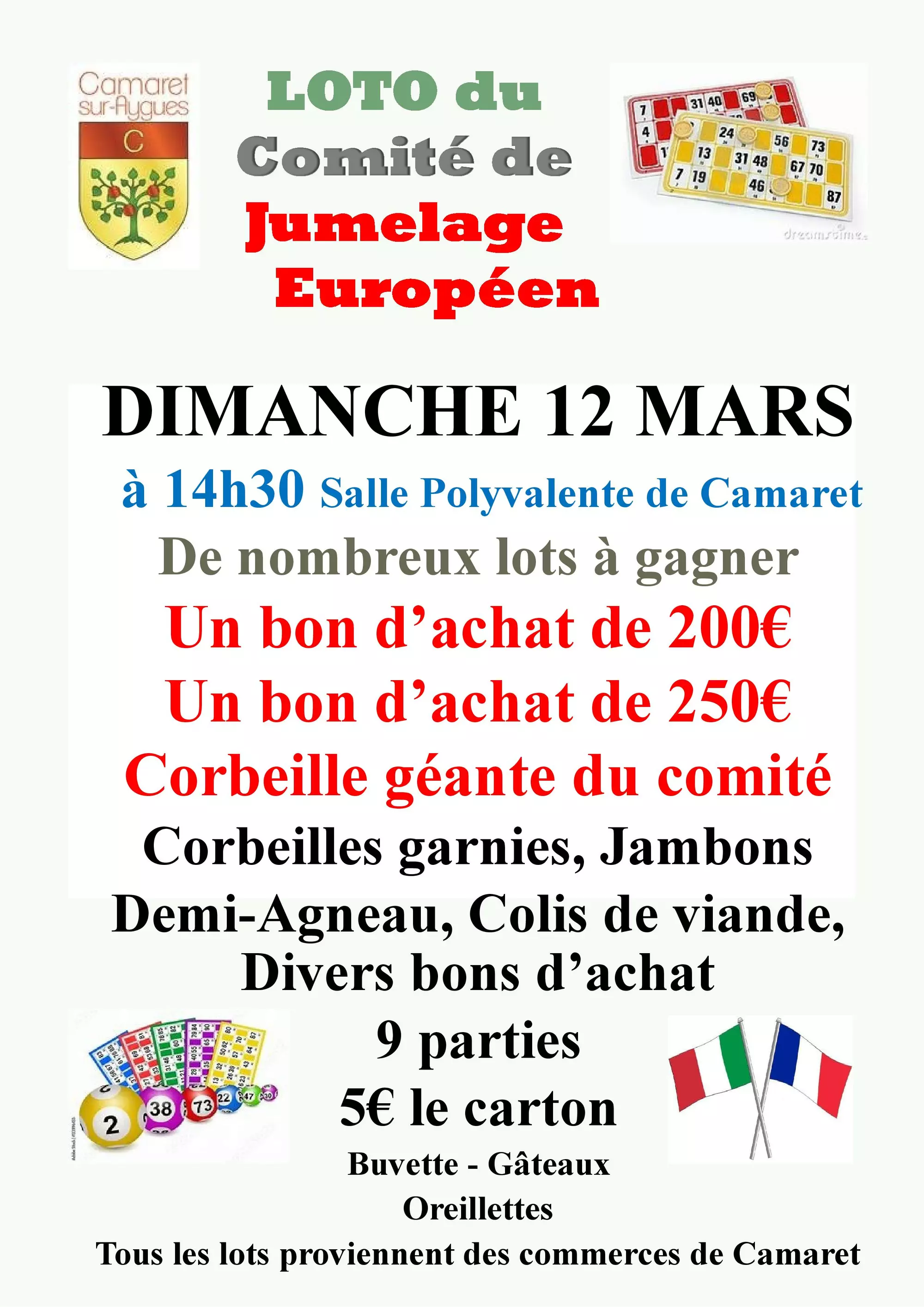 Loto du Comité de Jumelage Européen le dimanche 12 mars 2023 à 14h30 à l'Espace René Roussière