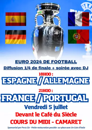 UEFA EURO 2024 de football : diffusion du match Espagne / Allemagne à 18h00 puis du match France / Portugal à 21h00 le vendredi 5 juillet 2024 devant le Café du Siècle sur le cours du Midi à Camaret
