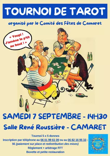 Tournoi de tarot organisé par le Comité des fêtes de Camaret-sur-Aygues le samedi 7 septembre à partir de 14h30 à la salle René Roussière