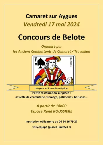 Concours de belote organisé par le CATM Camaret - Travaillan le vendredi 17 mai à partir de 18h00 à la salle René Roussière
