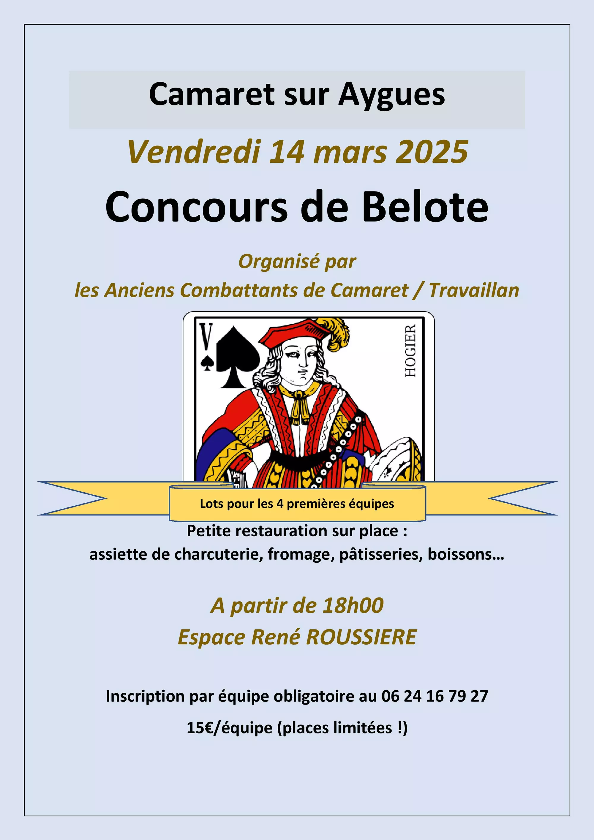 Concours de belote organisé par le CATM Camaret / Travaillan le vendredi 14 mars 2025 à 18h00 à la salle René Roussière