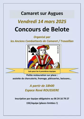 Concours de belote organisé par le CATM Camaret / Travaillan le vendredi 14 mars 2025 à 18h00 à la salle René Roussière