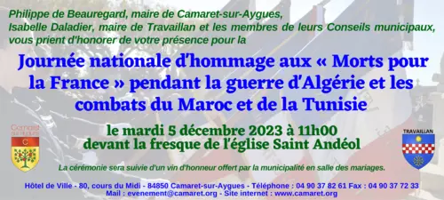 Journée nationale d'hommage aux « Morts pour la France » pendant la guerre d'Algérie et les combats du Maroc et de la Tunisie ce mardi 5 décembre à 11h00 devant la fresque de l'église Saint Andéol