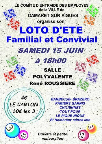 Loto d'été du Comité d'Entraide des Employés de la Ville de Camaret-sur-Aygues le samedi 15 juin à 18h00 à la salle René Roussière