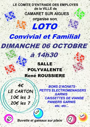 Loto du Comité d'entraide des employés de la Ville de Camaret-sur-Aygues le dimanche 6 octobre à 14h30 à la salle René Roussière