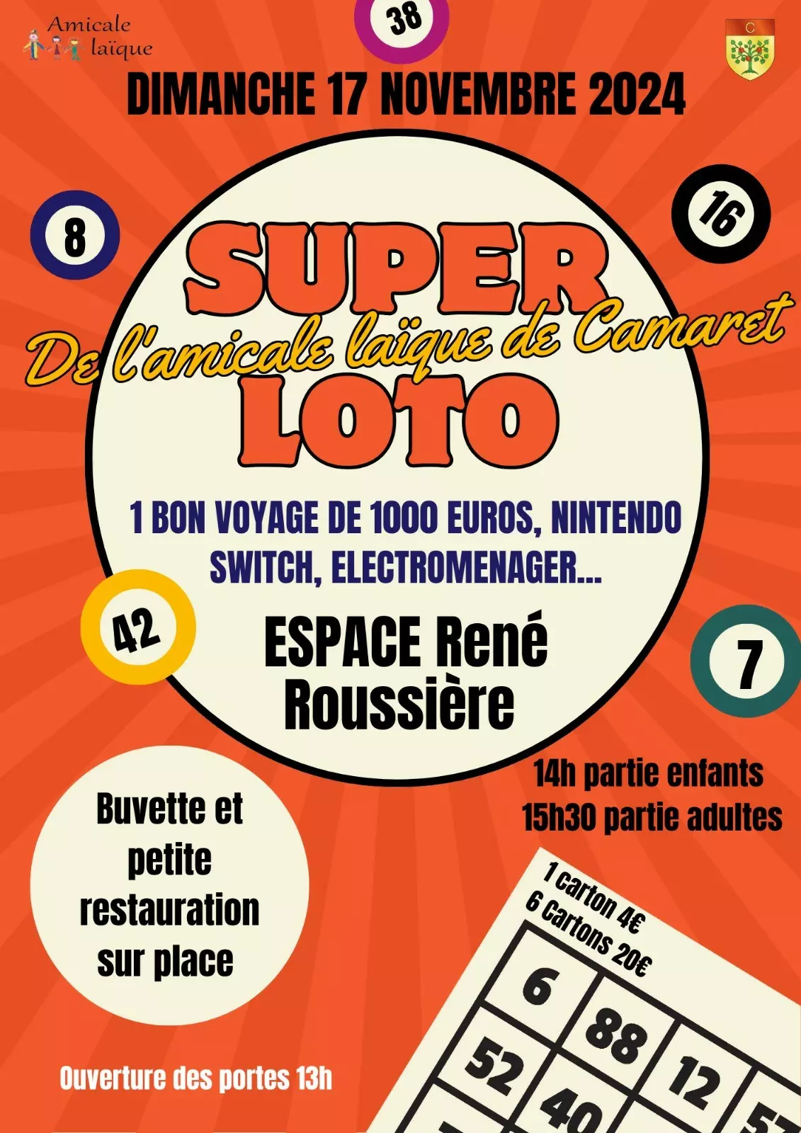 Loto de l'Amicale Laique de Camaret le dimanche 17 novembre à partir de 14h00 à la salle René Roussière