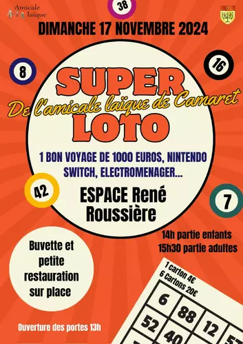 Loto de l'Amicale Laique de Camaret le dimanche 17 novembre à partir de 14h00 à la salle René Roussière