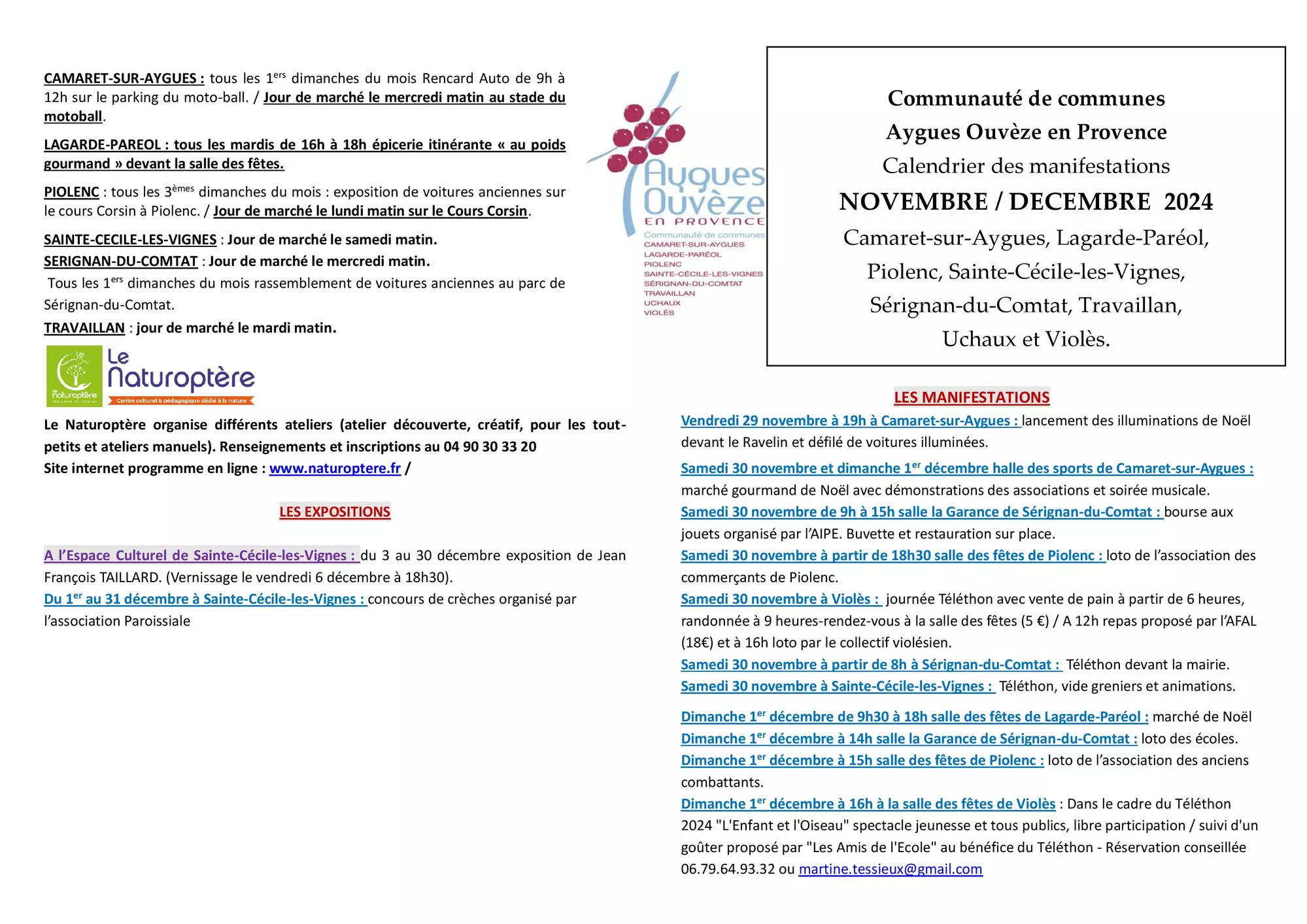 Agenda des manifestations de fin novembre et du mois de décembre sur la CCAOP