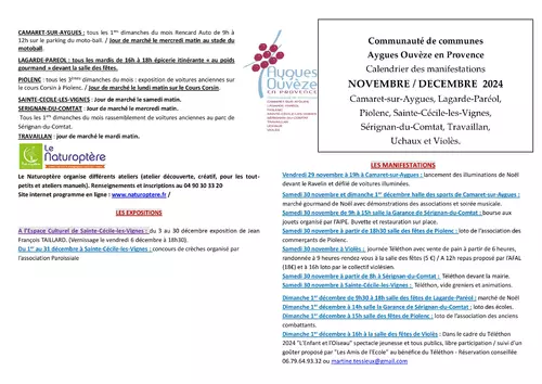 Agenda des manifestations de fin novembre et du mois de décembre sur la CCAOP