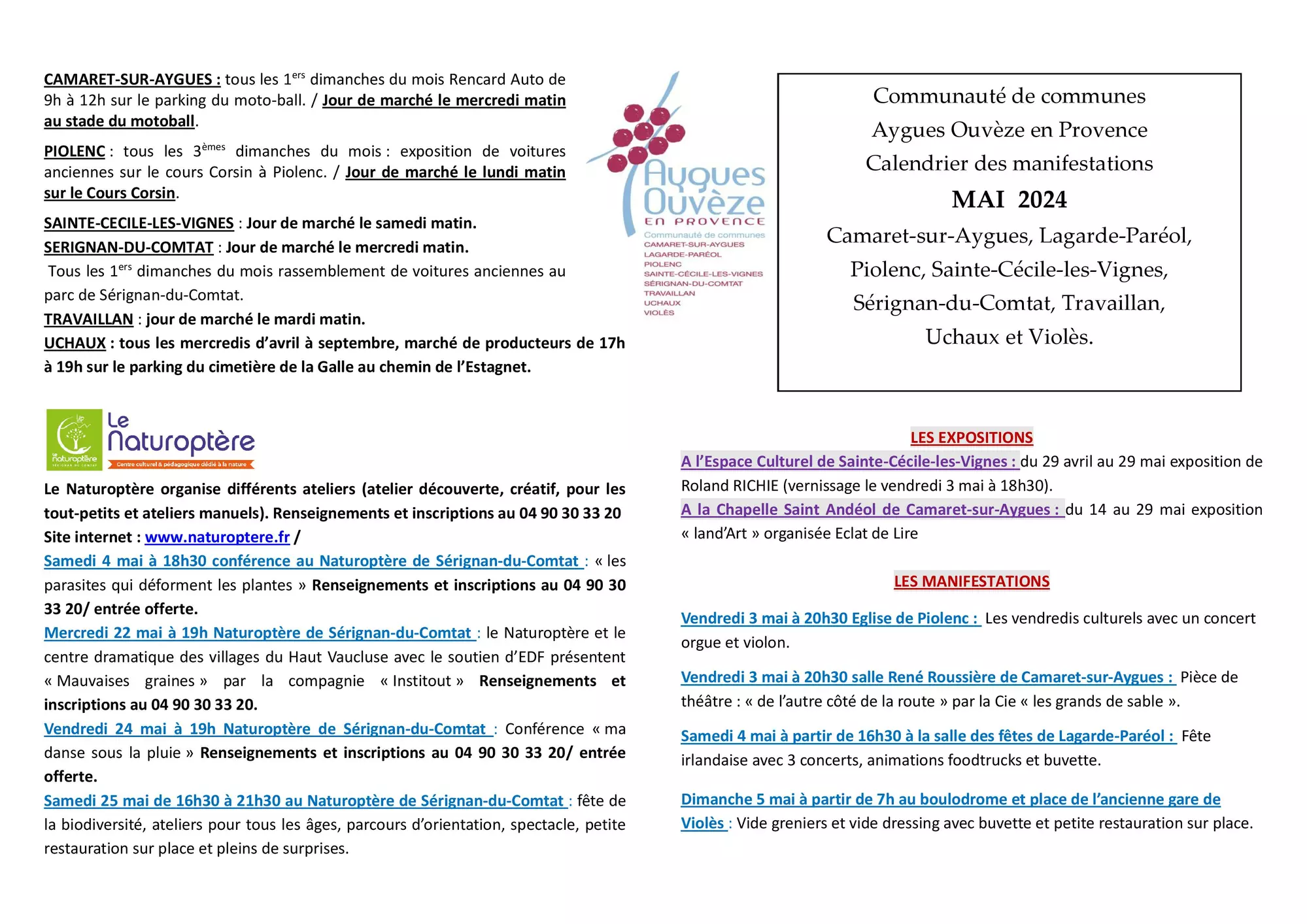 Agenda des manifestations du mois de mai sur la Communauté de communes Aygues Ouvèze en Provence