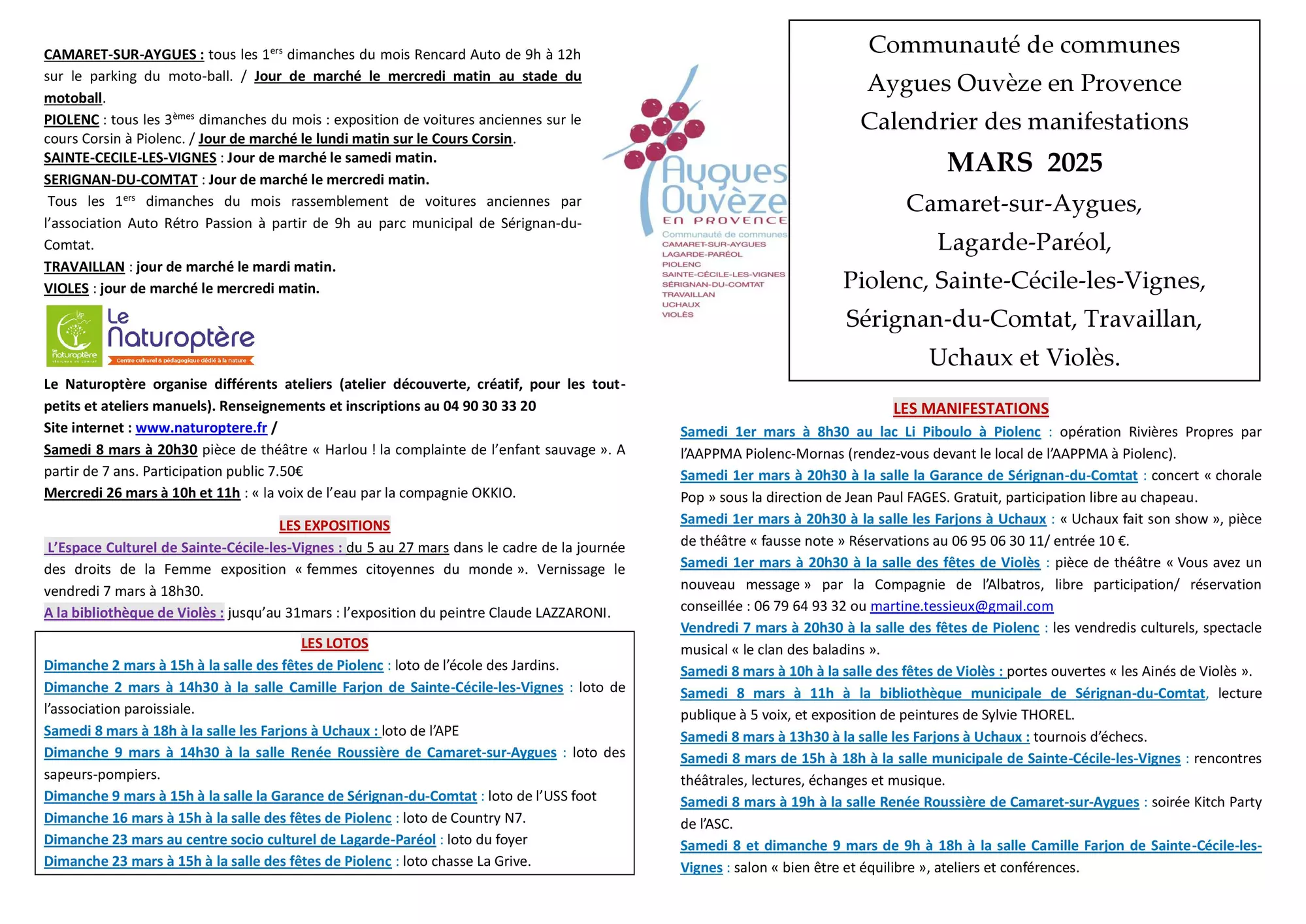 Agenda des manifestations du mois de mars 2025 sur la CCAOP