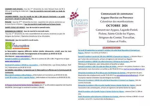 Agenda des manifestations du mois d'octobre sur la CCAOP