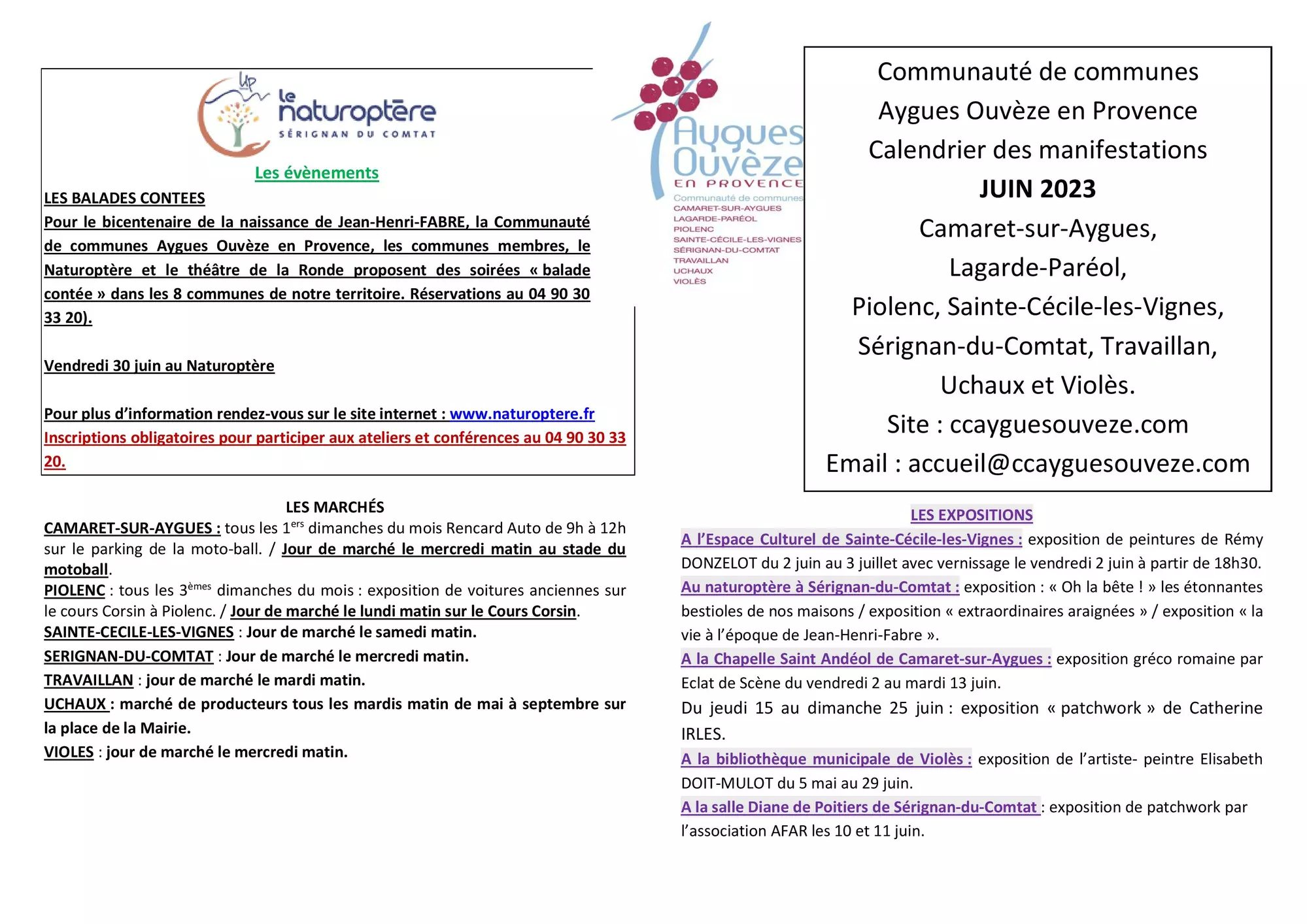 Agenda des manifestations du mois de juin sur la Communauté de communes Aygues Ouvèze en Provence