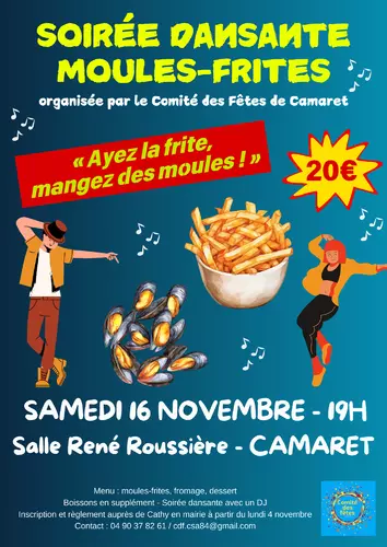 Soirée dansante moules-frites organisée par le Comité des fêtes de Camaret-sur-Aygues le samedi 16 novembre à 19h00 à la salle René Roussière