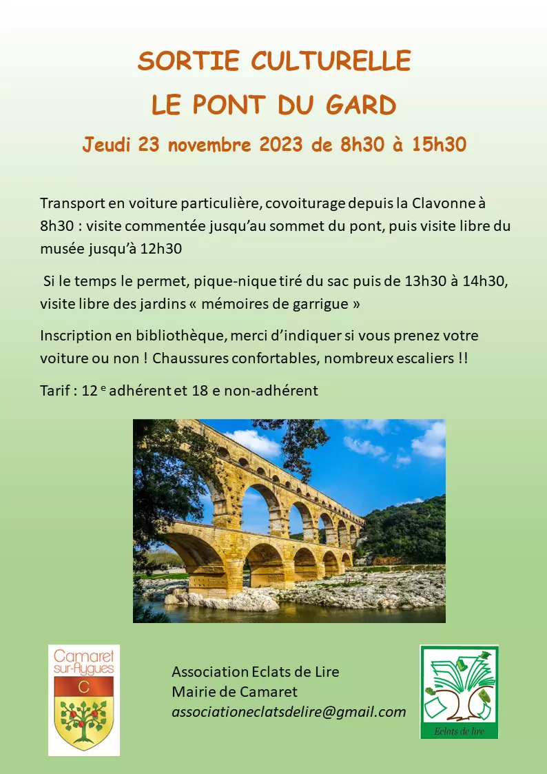 Sortie culturelle au Site du Pont du Gard organisée par l'association Éclats de Lire le jeudi 23 novembre de 8h30 à 15h30