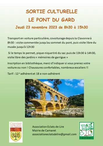 Sortie culturelle au Site du Pont du Gard organisée par l'association Éclats de Lire le jeudi 23 novembre de 8h30 à 15h30