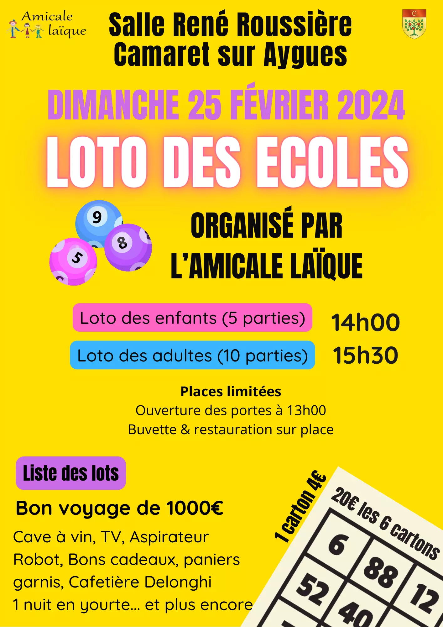 Loto de l'Amicale Laique de Camaret le dimanche 25 février 2024 à 14h00 à la salle René Roussière