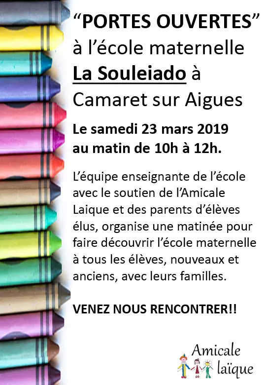 Portes Ouvertes de l'école maternelle La Souleido samedi 23 mars 2019 de 10h à 12h.