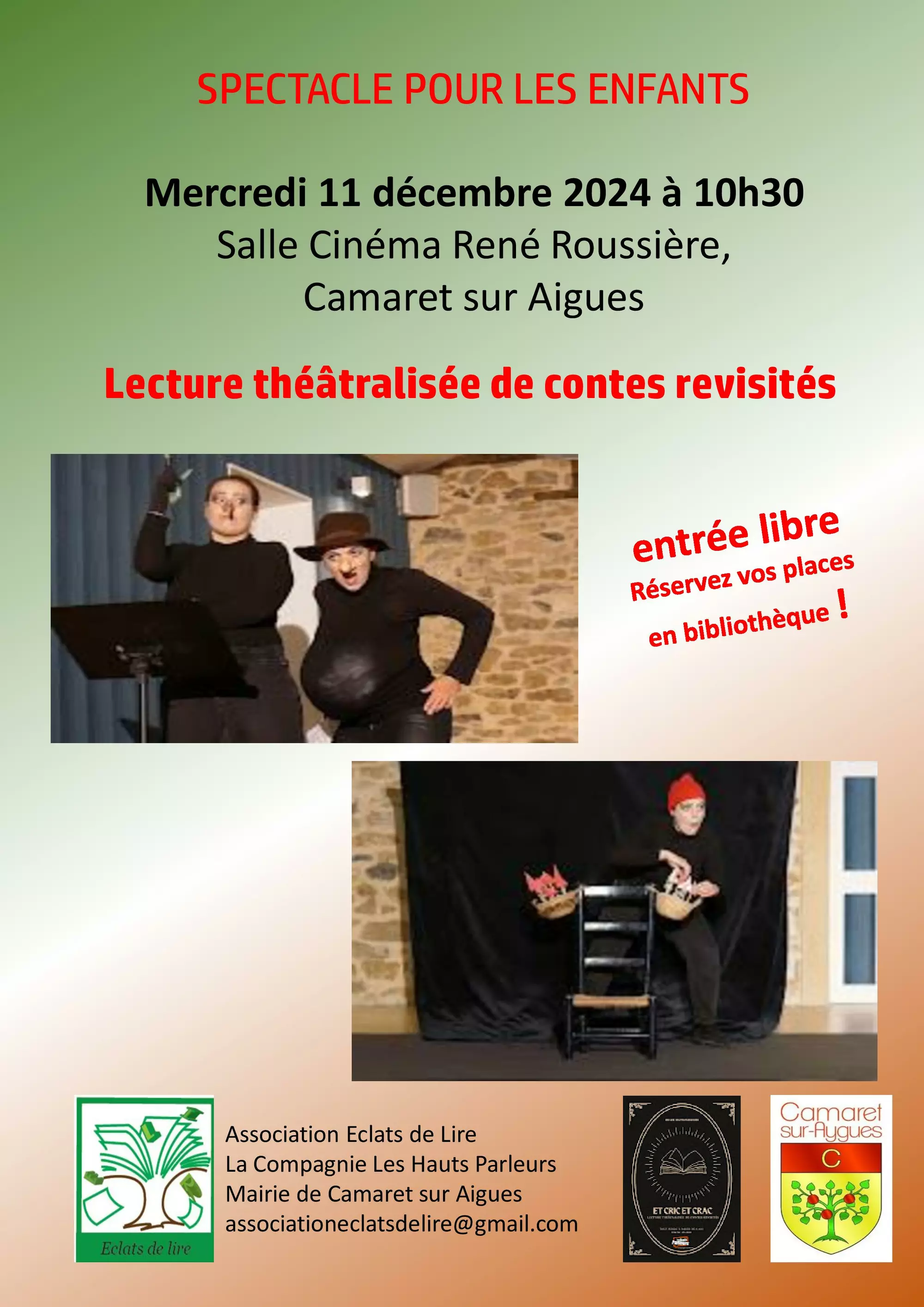 Spectacle pour les enfants le mercredi 11 décembre 2024 à 10h30 à la salle de cinéma René Roussière