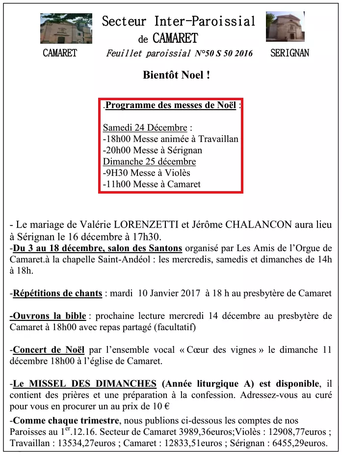 MESSES DE NOËL ET AUTRES NOUVELLES DU SECTEUR INTERPAROISSIAL