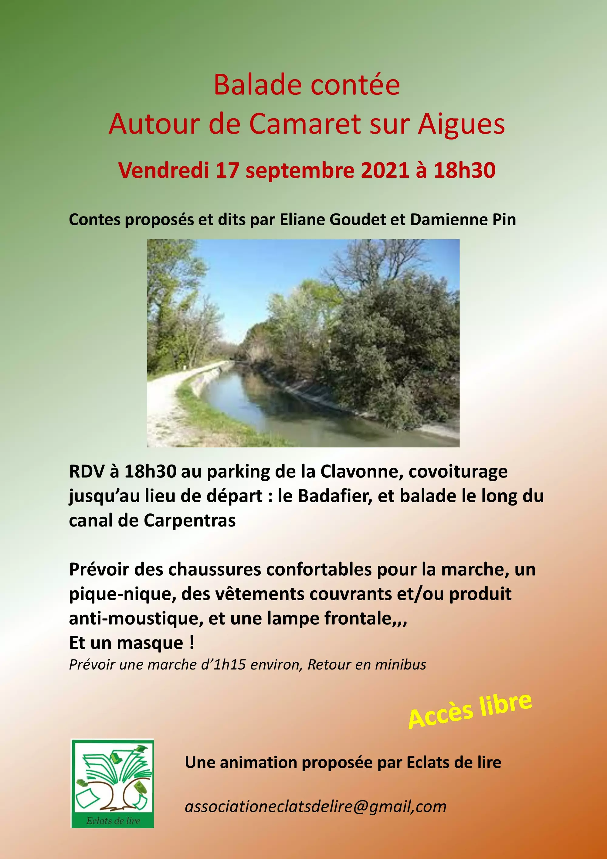 Balade contée le vendredi 17 septembre à 18h30, le long du canal de Carpentras