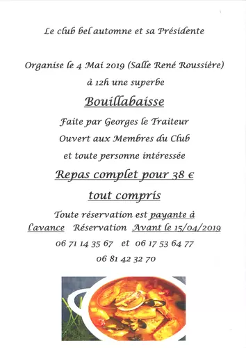 Venez déguster une bouillabaisse organisée par le Club bel Automne