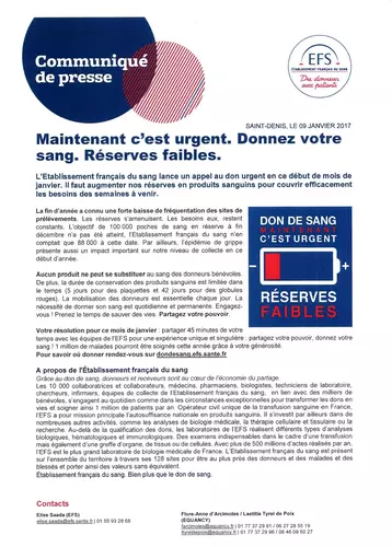 URGENT : DONNEZ VOTRE SANG. RÉSERVES FAIBLES