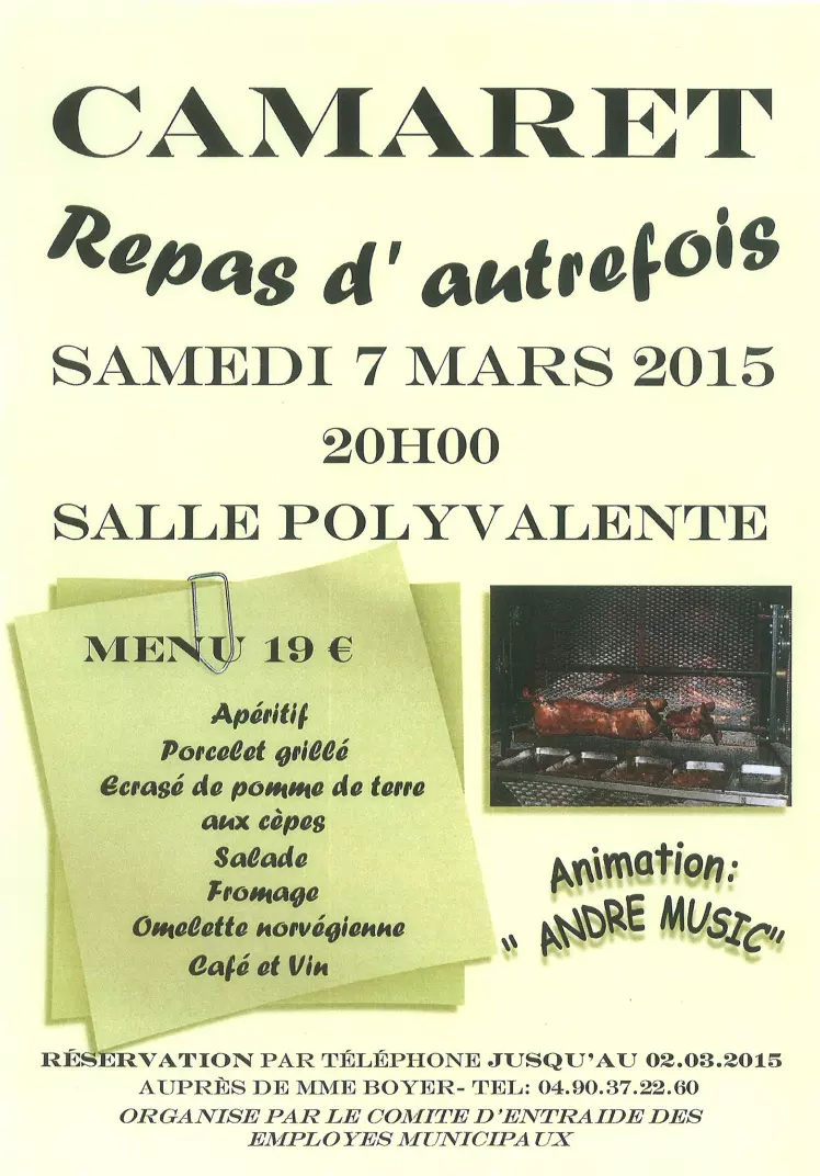 REPAS D'AUTREFOIS - Samedi 7 mars. Poroposé par le Comité d'entraide des employés municipaux