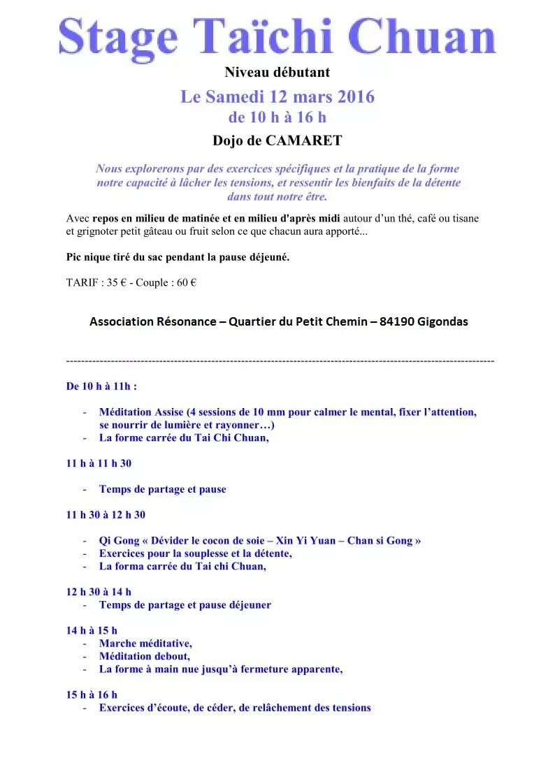 STAGE TAÏCHI CHUAN SAMEDI 12 MARS A CAMARET