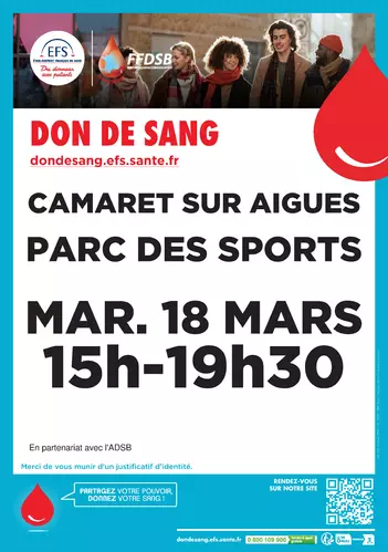 Don du sang le mardi 18 mars 2025 de 15h00 à 19h30 à la salle René Roussière