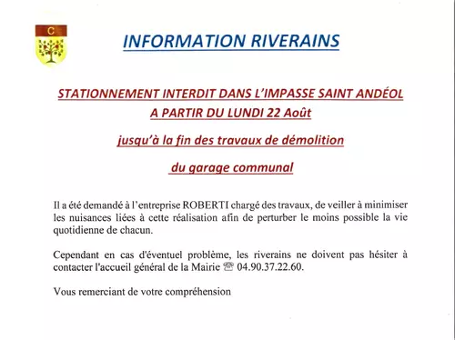 Démolition du garage municipal impasse Saint Andéol : information riverains
