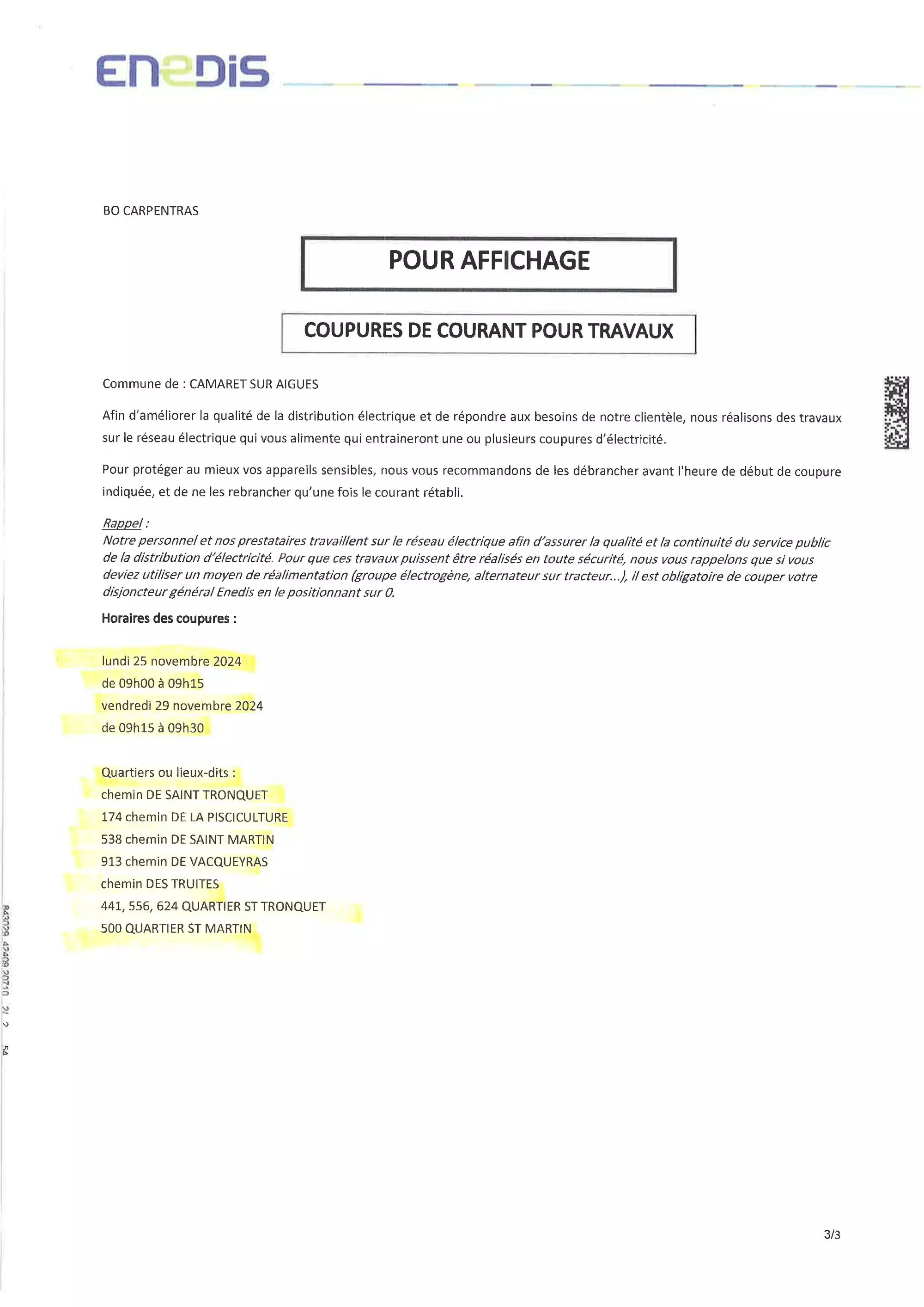 Coupures électriques lundi 25 et vendredi 29 novembre : information d’ENEDIS