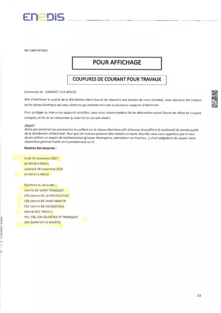 Coupures électriques lundi 25 et vendredi 29 novembre : information d’ENEDIS