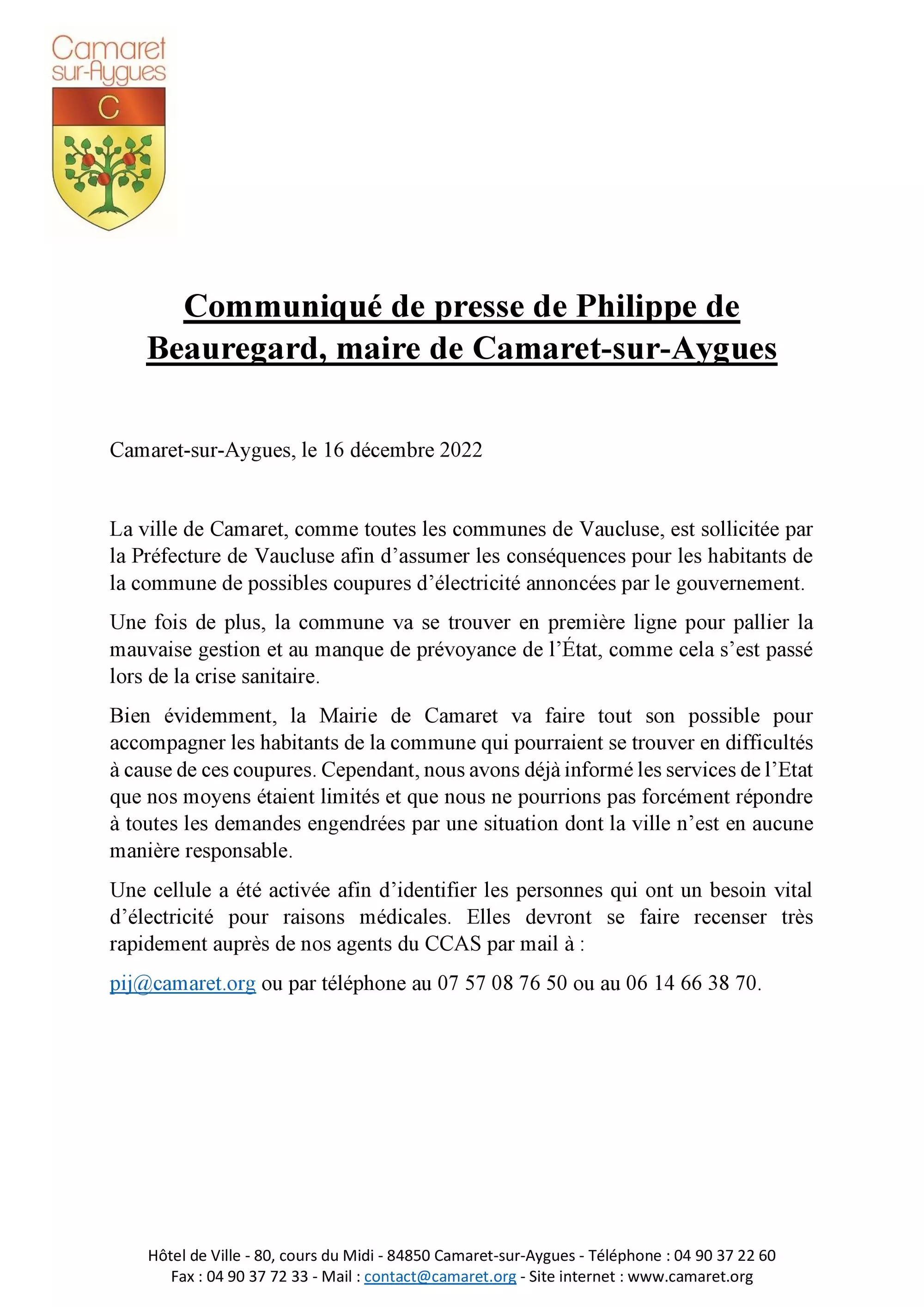 Communiqué de presse de Philippe de Beauregard, maire de Camaret-sur-Aygues