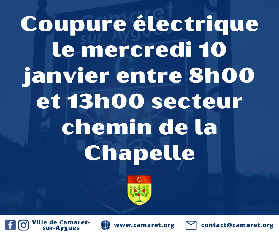 Coupure électrique le mercredi 10 janvier entre 8h00 et 13h00 secteur chemin de la Chapelle