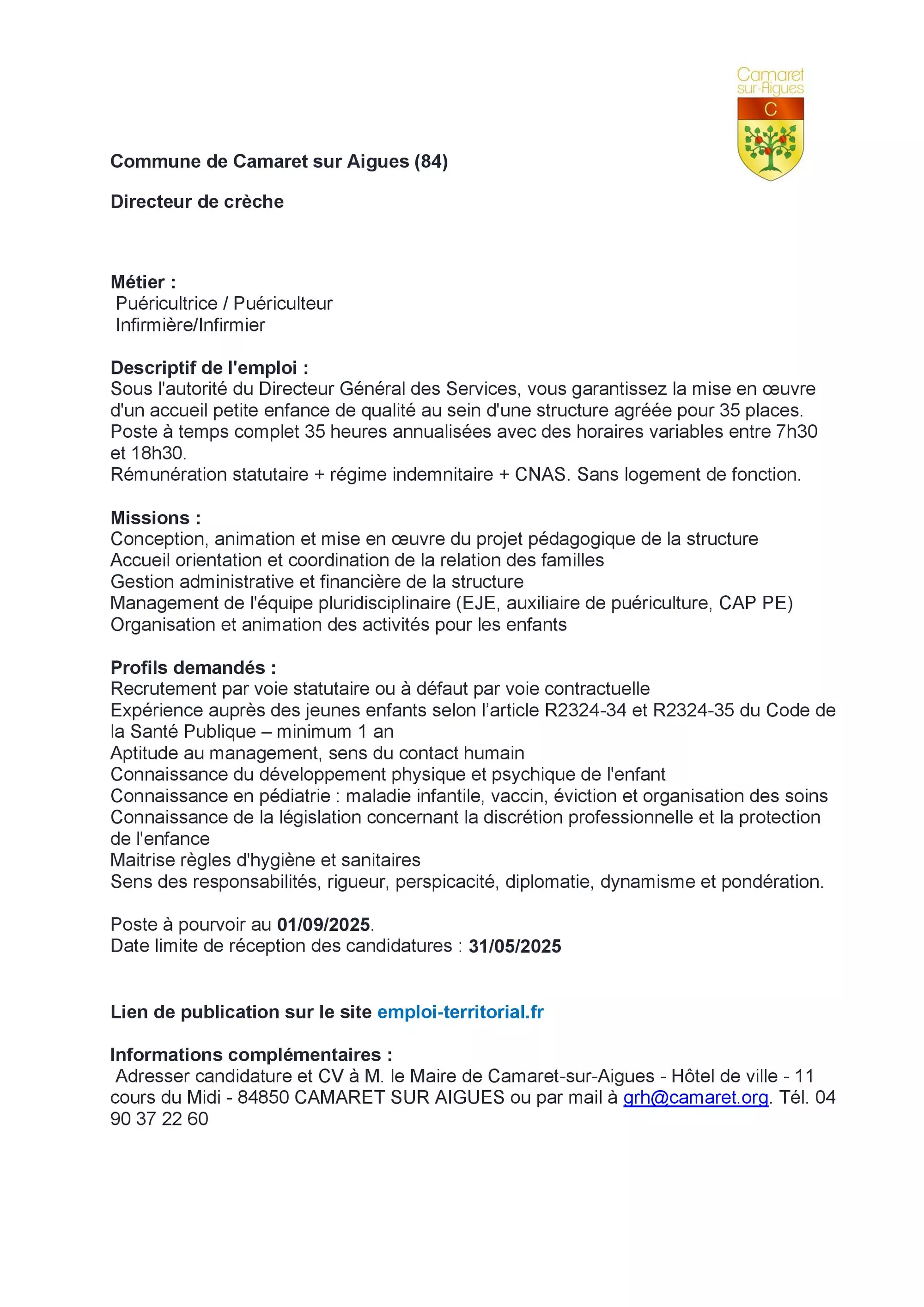 Offre d'emploi de la Ville de Camaret-sur-Aygues pour le poste de directeur de la crèche municipale