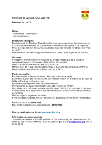 Offre d'emploi de la Ville de Camaret-sur-Aygues pour le poste de directeur de la crèche municipale