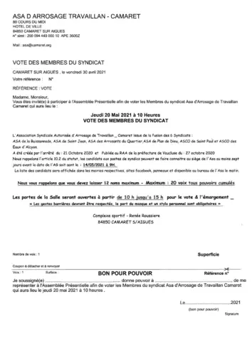 Message de l'ASA d'arrosage Travaillan - Camaret : vote des membres du syndicat le jeudi 20 mai 2021