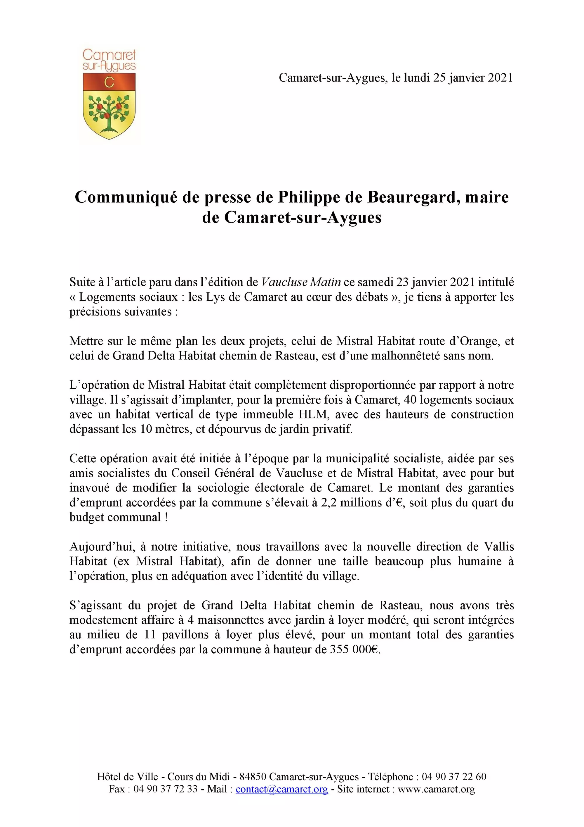 Communiqué de presse de Philippe de Beauregard, maire de Camaret-sur-Aygues