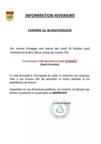 Information riverains : chemin du Blanchissage