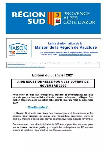 Lettre d’Information de la Maison de la Région de Vaucluse : aide exceptionnelle pour les loyers de novembre 2020