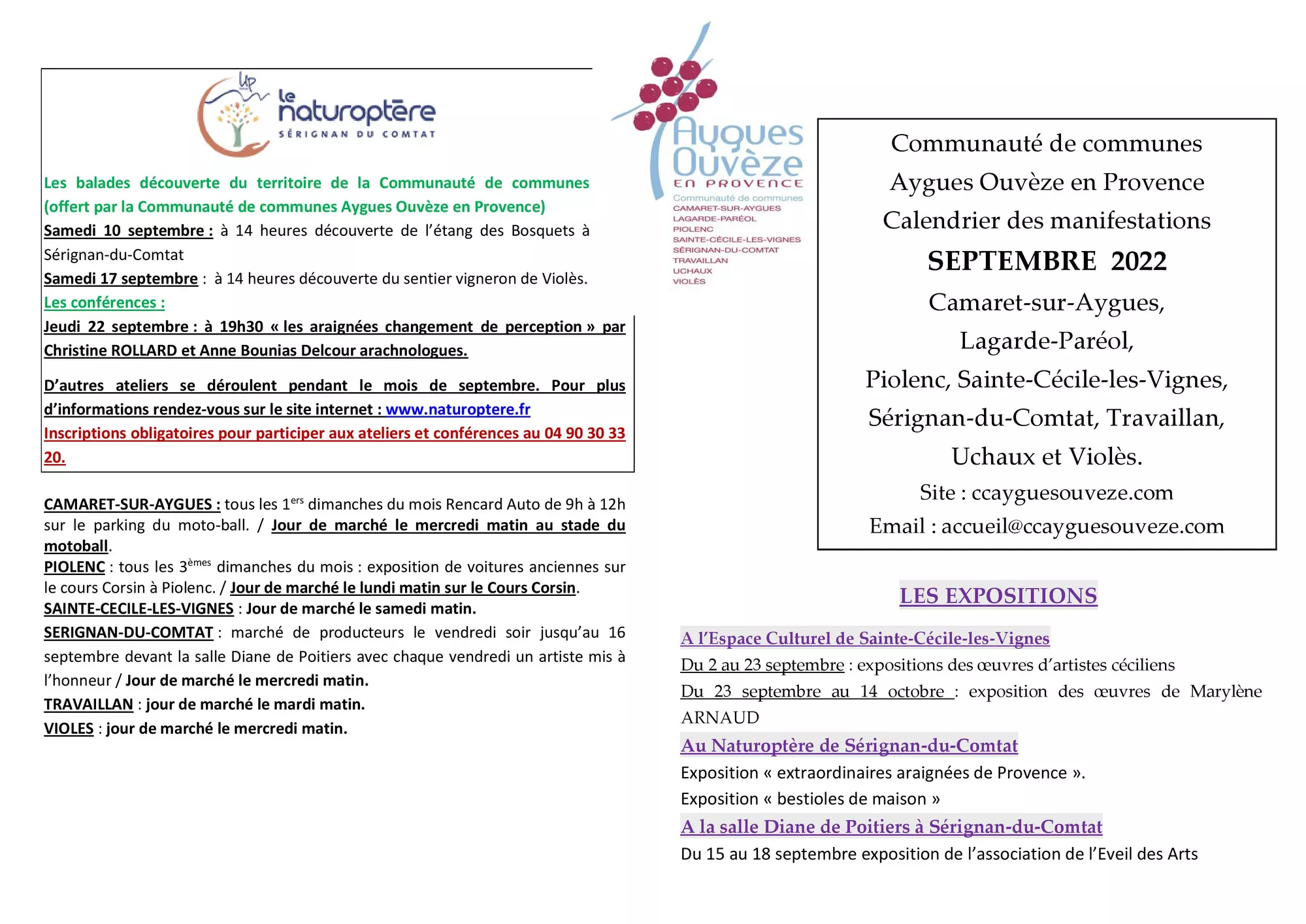 Agenda des manifestations du mois de septembre sur la Communauté de communes Aygues Ouvèze en Provence